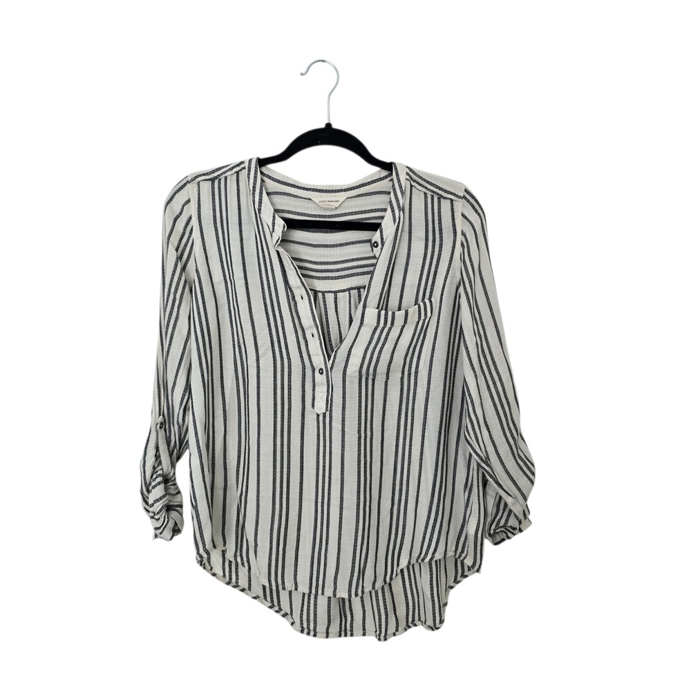Lucky Brand Henley‎ Blouse Women Small Grey Striped Roll Tab